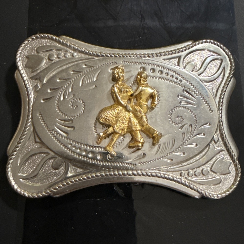 Vintage Belt Buckle Couple Square Dancing Silver Gold Tone Color Western 3D